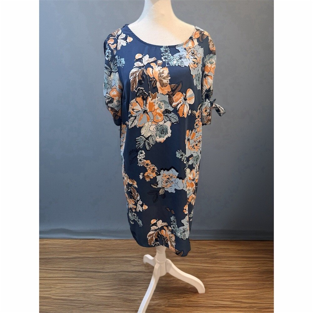 Rokoko by Dazz Dress Womens M Blue Floral Shift Midi Tie Sleeve Open Back